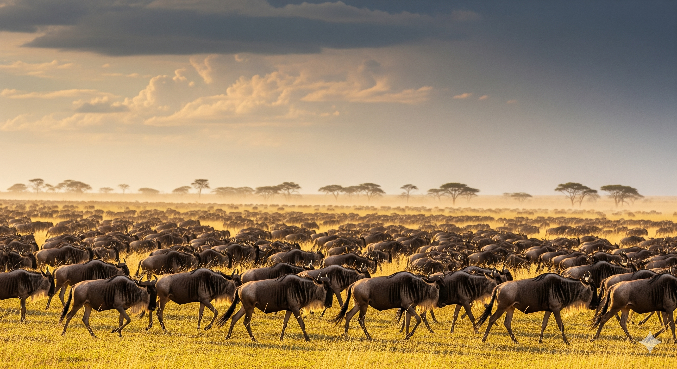 The vast Serengeti plains stretch as far as the eye can see, home to the Great Migration